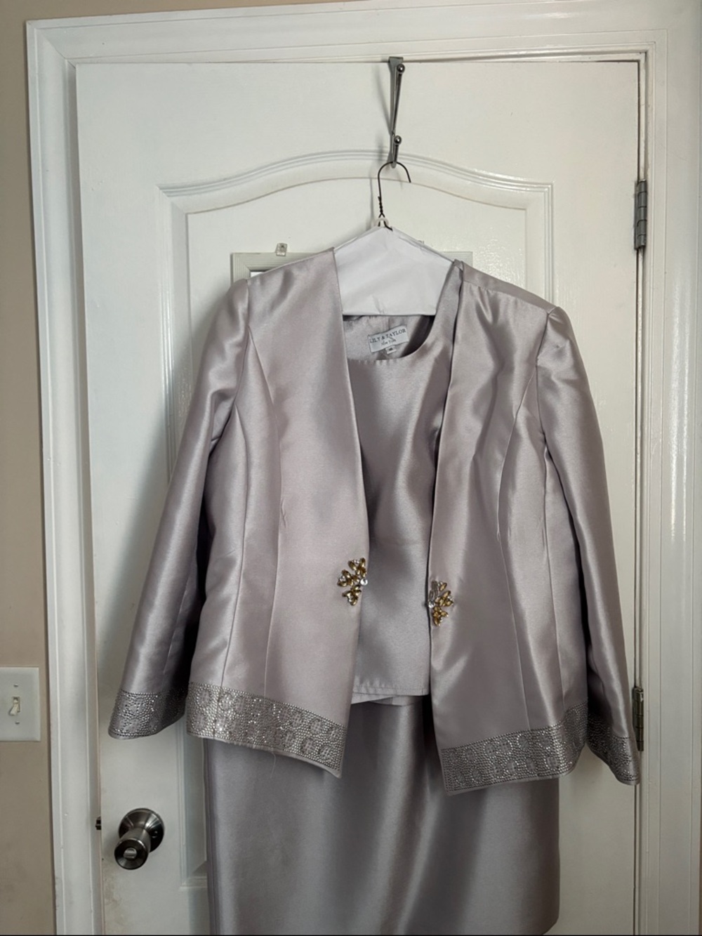Silver Satin Long Sleeve Women's Skirt & Jacket Set with Embellished Accents